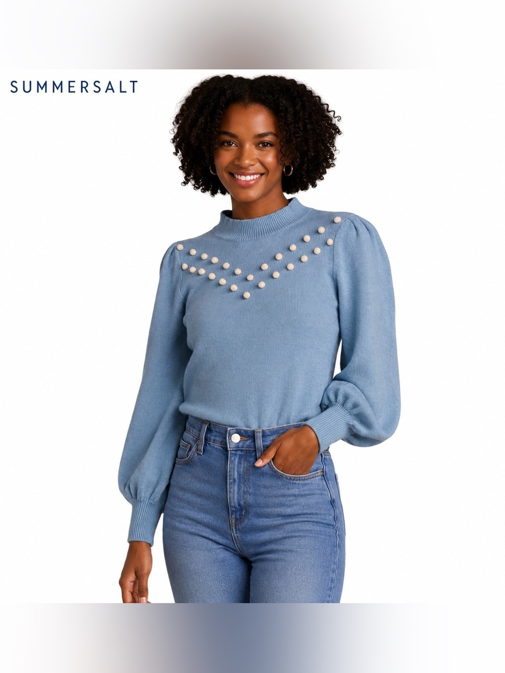 Summersalt Balloon Sleeve Sweater Small Blue Cotton Wool Pullover Cottagecore